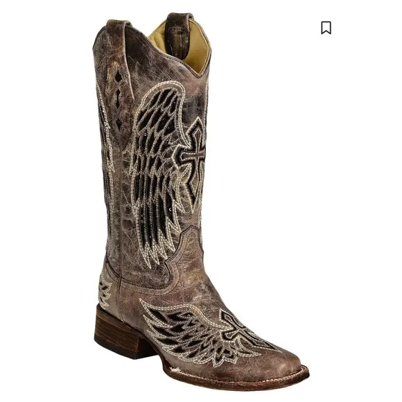 CORRAL WOMEN'S SEQUIN WING &amp; CROSS INLAY WESTERN BOOTS - SQUARE TOE Size|8