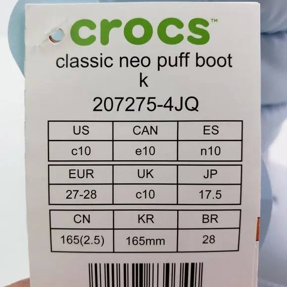 Crocs Classic Neo Puff Boot Toddler Size 10 Lt Blue Warm Winter Boot Shoes
