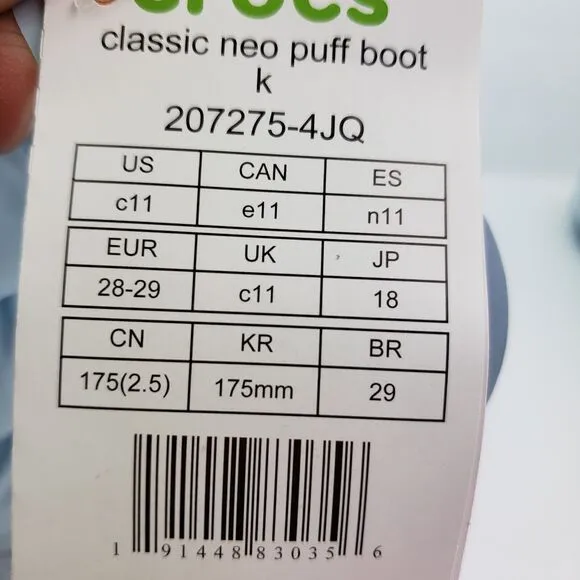 Crocs Classic Neo Puff Boot Toddler Size 11 Lt Blue Warm Winter Boot Shoes