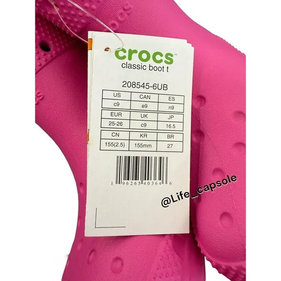 Crocs Size 9c Girls Pink Rain Boots Rubber Round Toe Pull On Mid Calf Comfort