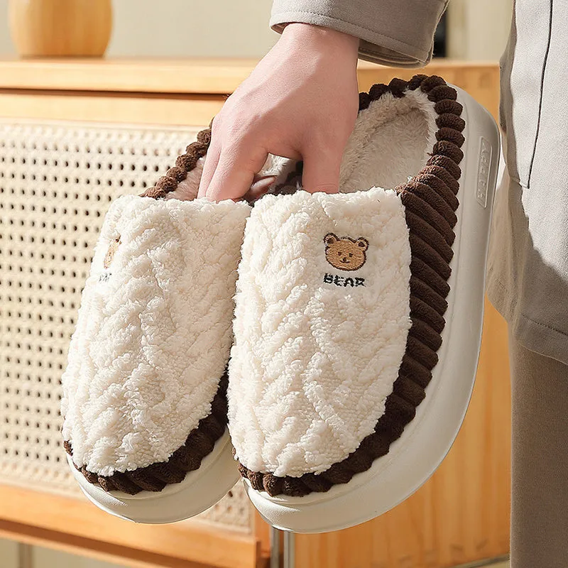 Cute Bear Plush Slippers, Winter Warm Fleece Shoes, Indoor Bedroom Floor Home Slip-ons for Women, Men, Couples, etc.