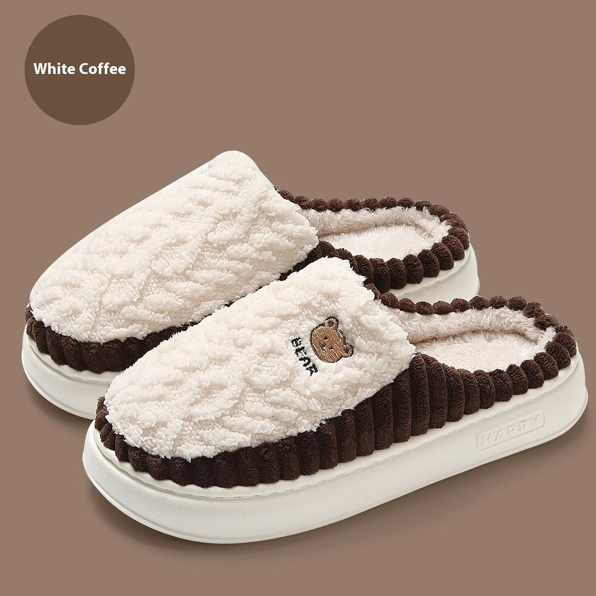Cute Bear Plush Slippers, Winter Warm Fleece Shoes, Indoor Bedroom Floor Home Slip-ons for Women, Men, Couples, etc.