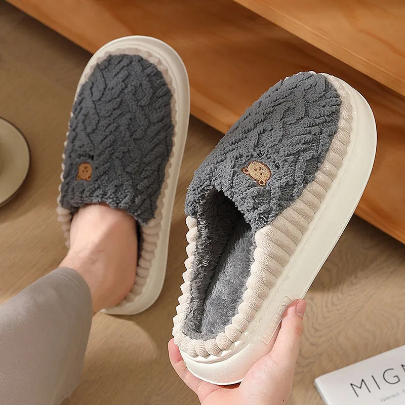 Cute Bear Plush Slippers, Winter Warm Fleece Shoes, Indoor Bedroom Floor Home Slip-ons for Women, Men, Couples, etc.