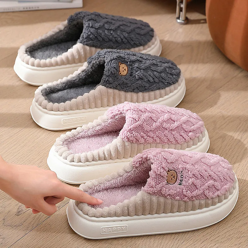 Cute Bear Plush Slippers, Winter Warm Fleece Shoes, Indoor Bedroom Floor Home Slip-ons for Women, Men, Couples, etc.