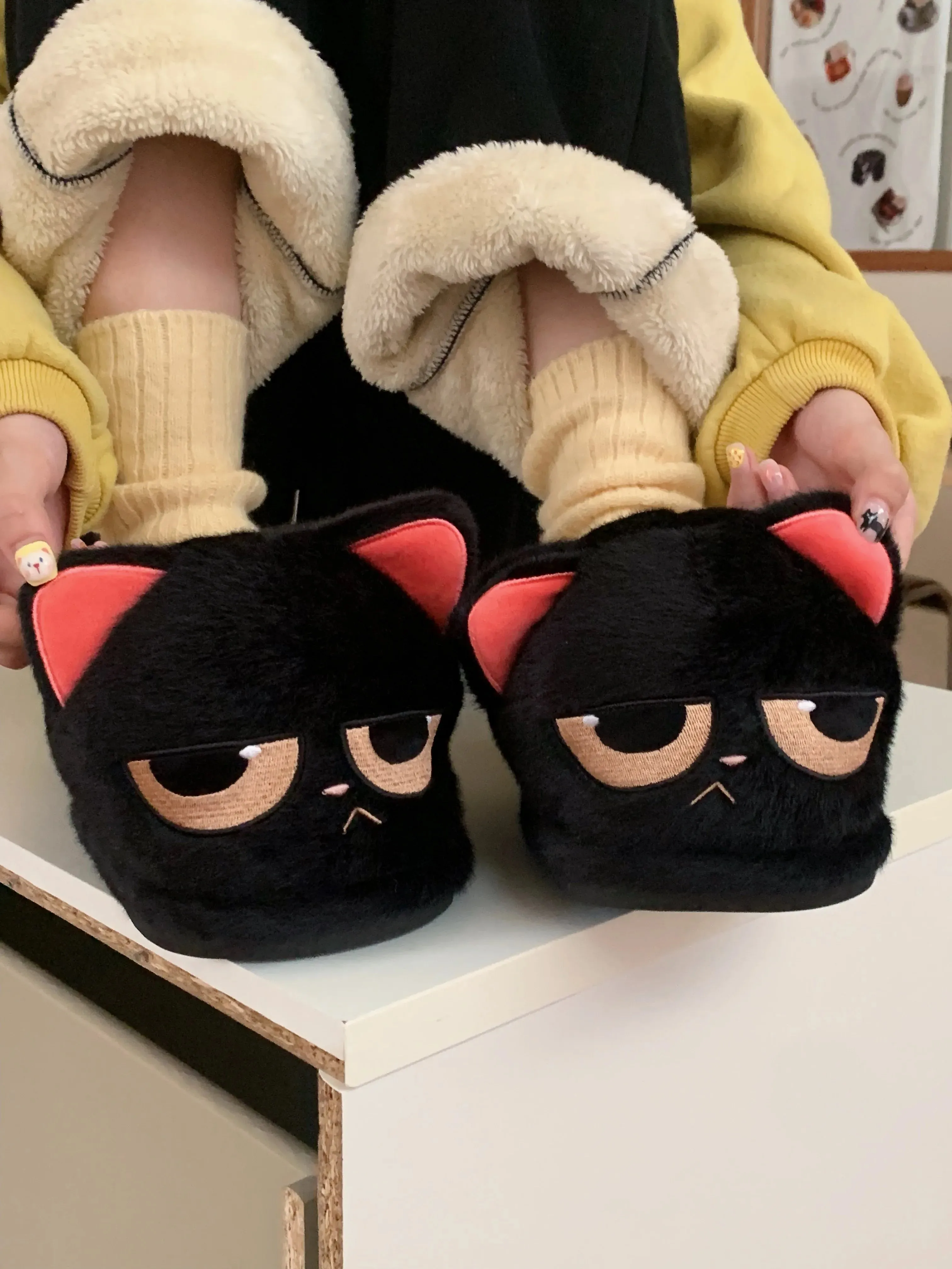 Cute Black Cat Cotton Home Slippers For Men And Women 2024 Winter Cute And Anti Slip Warm Indoor Household Slippers For Couple