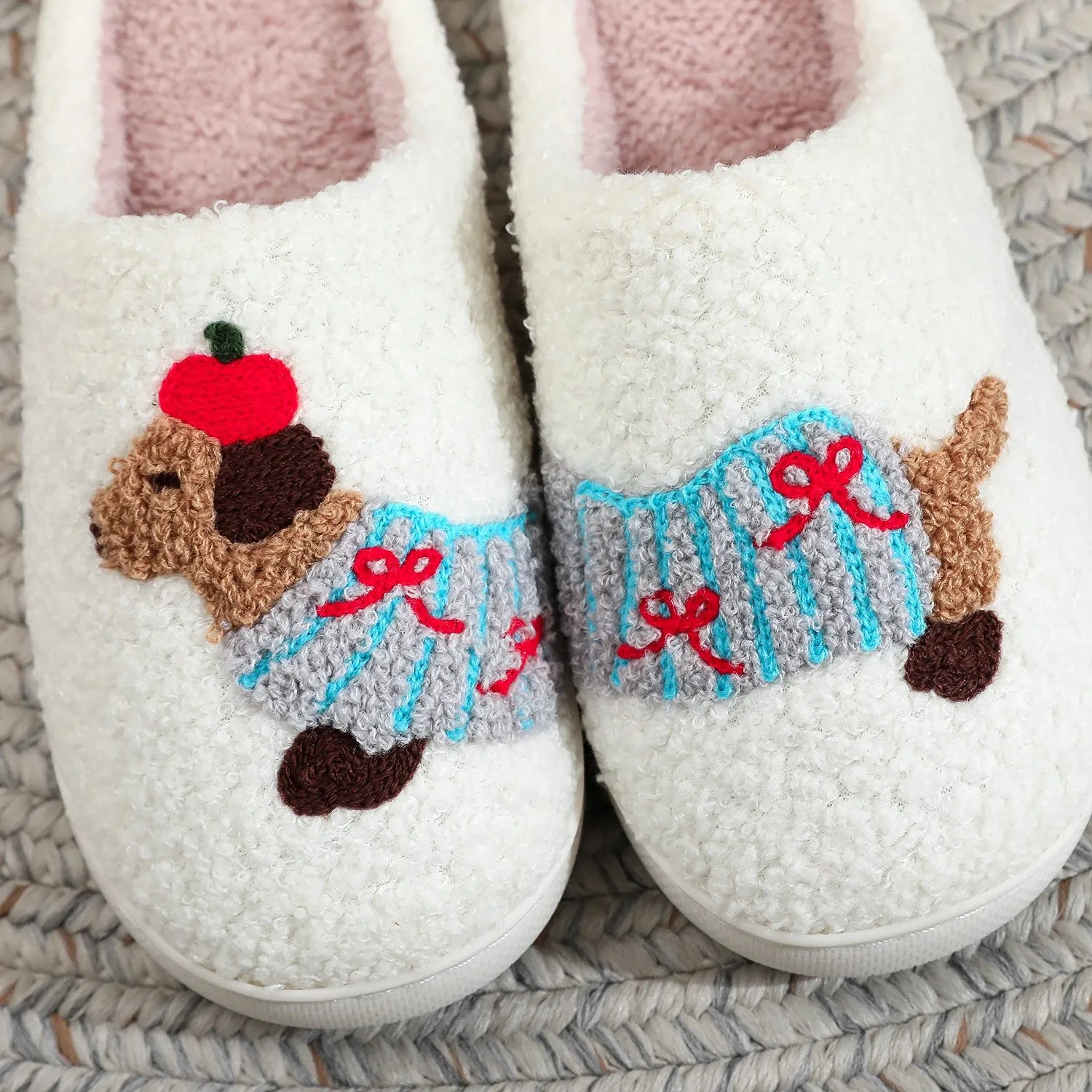 Dachshund Pet Pattern Embroider Plush Home Thick-Soled Comfortable Woolen Cotton Slippers Cute Warm Non-Slip Indoor Slippers Pet Mom Gift Dog Lovers Men and Women Can Wear