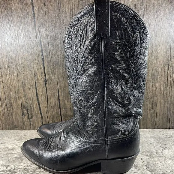 Dan Post Men's Milwaukee R Toe Boots US 9.5 D Cowboy Black Leather White Stitch