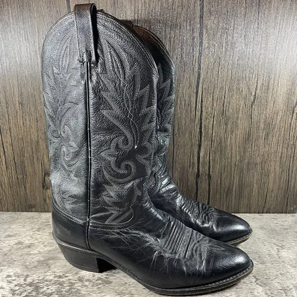 Dan Post Men's Milwaukee R Toe Boots US 9.5 D Cowboy Black Leather White Stitch