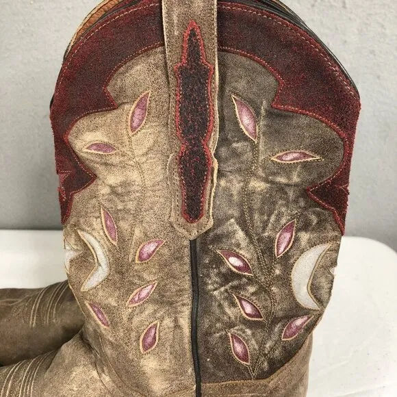 Dan Post Western Boots Womens 9 Brown Stars &amp; Moon Inlay Distressed Snip Toe