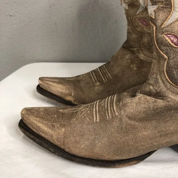 Dan Post Western Boots Womens 9 Brown Stars &amp; Moon Inlay Distressed Snip Toe