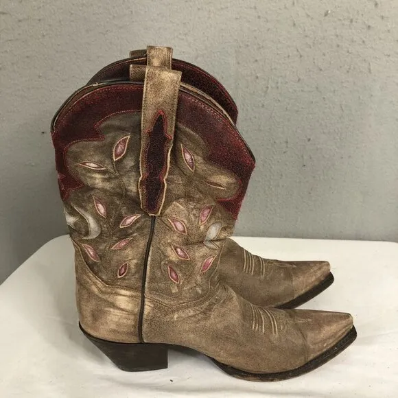 Dan Post Western Boots Womens 9 Brown Stars &amp; Moon Inlay Distressed Snip Toe