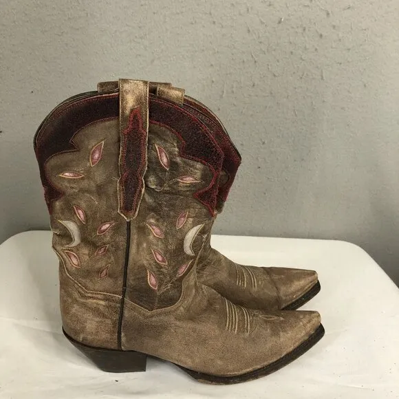 Dan Post Western Boots Womens 9 Brown Stars &amp; Moon Inlay Distressed Snip Toe