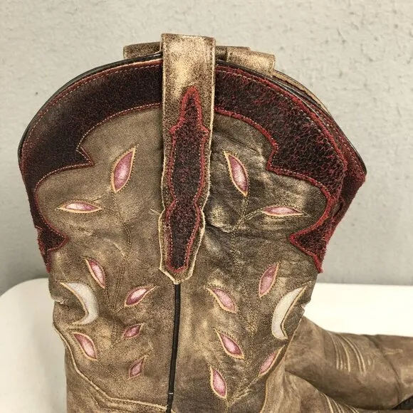 Dan Post Western Boots Womens 9 Brown Stars &amp; Moon Inlay Distressed Snip Toe