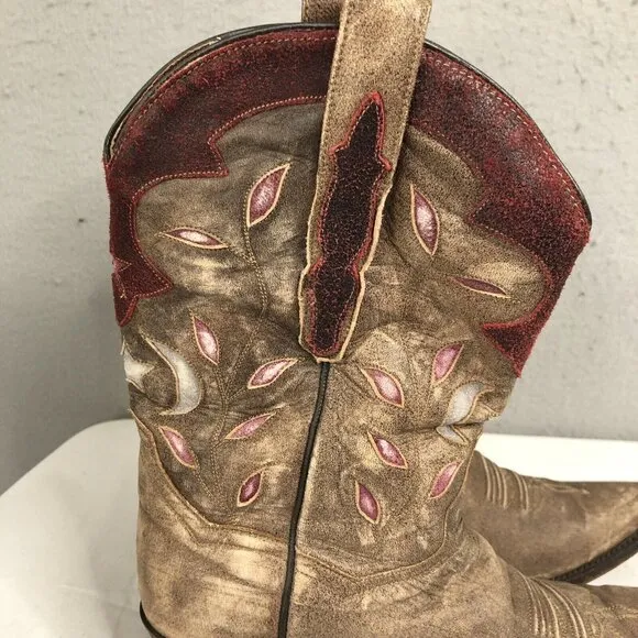Dan Post Western Boots Womens 9 Brown Stars &amp; Moon Inlay Distressed Snip Toe