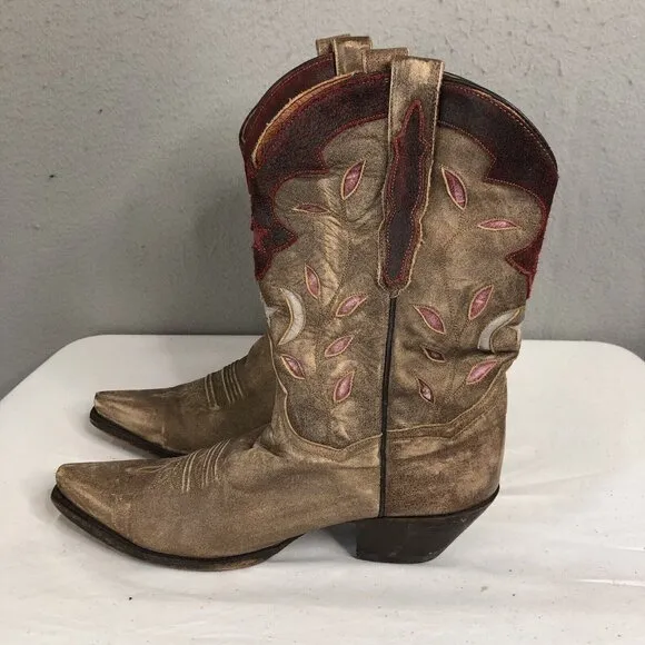 Dan Post Western Boots Womens 9 Brown Stars &amp; Moon Inlay Distressed Snip Toe