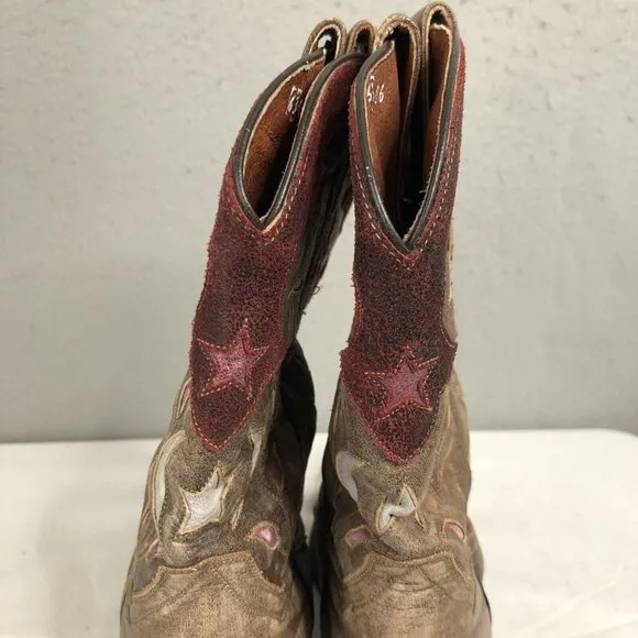 Dan Post Western Boots Womens 9 Brown Stars &amp; Moon Inlay Distressed Snip Toe