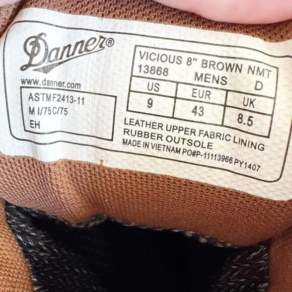 DANNER VICIOUS 8&quot; Work Boot Mens 9 D COMPOSITE TOE NMT 13868 Gore-Tex BROWN