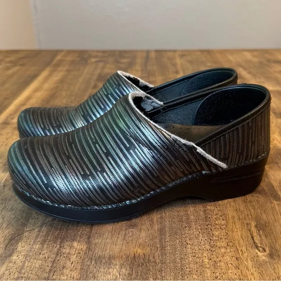 Dansko Women's Professional Leather Clog Slip-On Shoe Metallic Silver Stripe 39