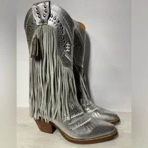 Dingo Gypsy Studded Fringe Metallic Snip Toe Cowboy Silver Boots 6M DI 737