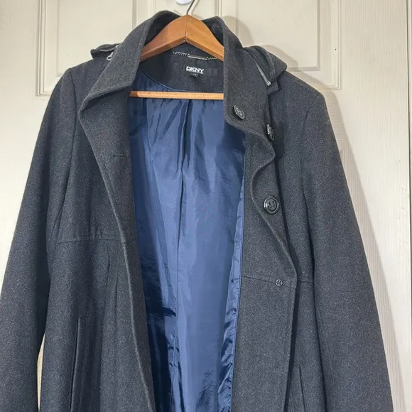 DKNY Charcoal Gray Long Coat With Removable Hood Size 12