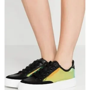 DKNY Gasoline Vinyl Reesi Platform Sneakers Size 11 Black Leather Holographic