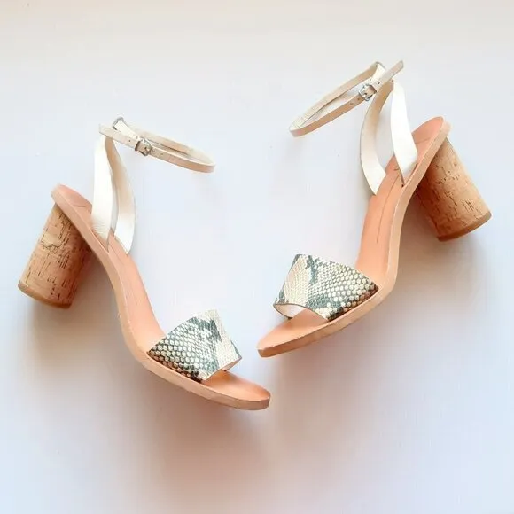 Dolce Vita Jali Snakeskin &amp; White Round Cork Heels /  Sandals / Summer Shoes S