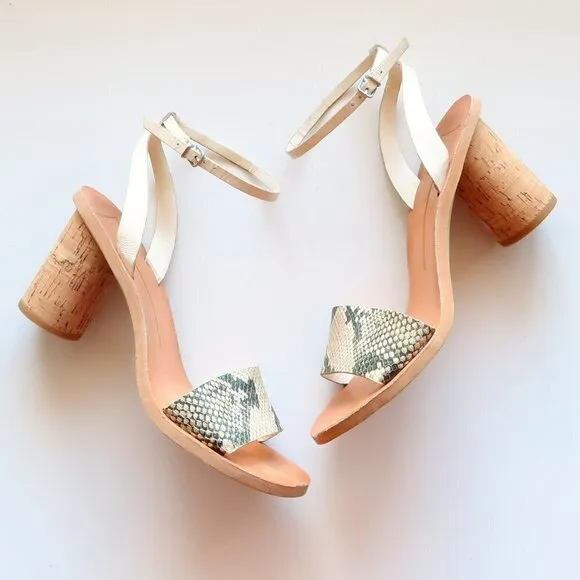 Dolce Vita Jali Snakeskin &amp; White Round Cork Heels /  Sandals / Summer Shoes S