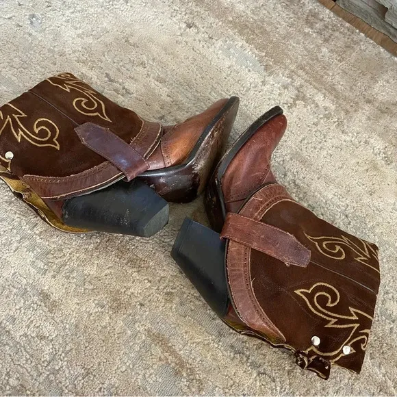 Double H Sonora Folded Over Shaft Embroidered Heeled Western Ankle Boots Cowboy
