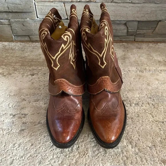 Double H Sonora Folded Over Shaft Embroidered Heeled Western Ankle Boots Cowboy
