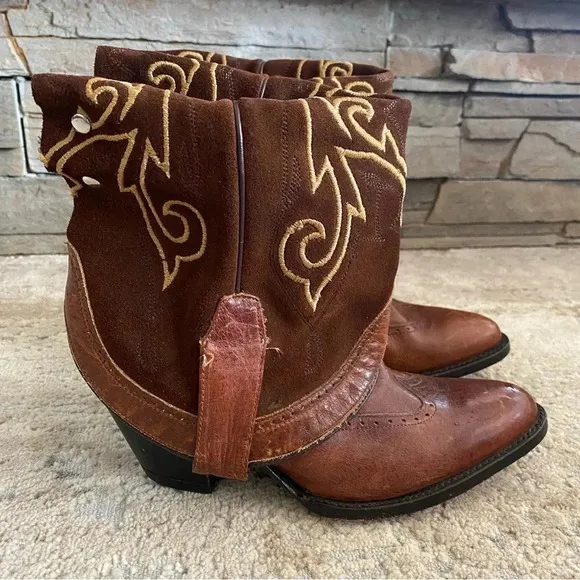 Double H Sonora Folded Over Shaft Embroidered Heeled Western Ankle Boots Cowboy