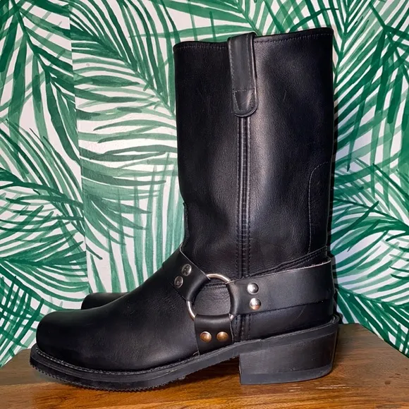 Double-H Vintage Black Leather Square Toe Harness Boots Men’s 9 D