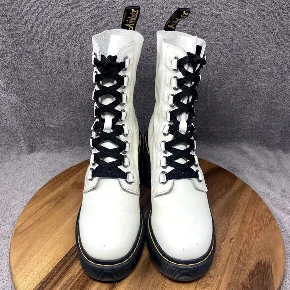 Dr. Doc Martens Chesney Flared Heel Boots Smooth White Leather Women's Size 7