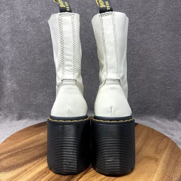 Dr. Doc Martens Chesney Flared Heel Boots Smooth White Leather Women's Size 7