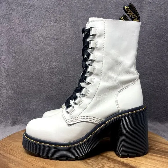 Dr. Doc Martens Chesney Flared Heel Boots Smooth White Leather Women's Size 7