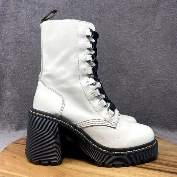 Dr. Doc Martens Chesney Flared Heel Boots Smooth White Leather Women's Size 7