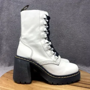Dr. Doc Martens Chesney Flared Heel Boots Smooth White Leather Women's Size 7