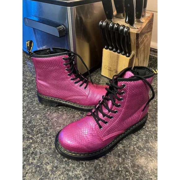 Dr Martens 1460 T Girls Pink Croc Metallic Lace Up Side Zip Boots