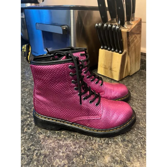 Dr Martens 1460 T Girls Pink Croc Metallic Lace Up Side Zip Boots