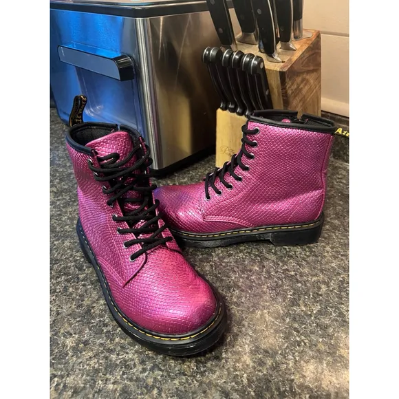 Dr Martens 1460 T Girls Pink Croc Metallic Lace Up Side Zip Boots