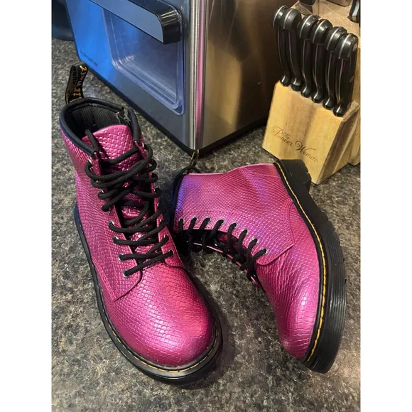 Dr Martens 1460 T Girls Pink Croc Metallic Lace Up Side Zip Boots