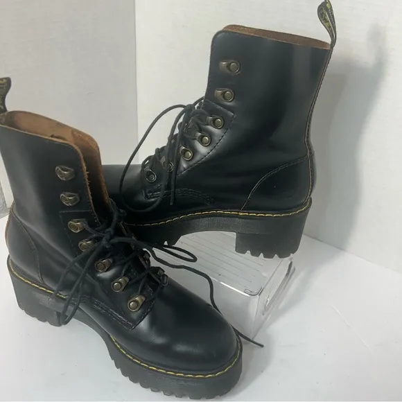 Dr Martens Leona Smooth Leather Combat Boots Heel Goth Witchy