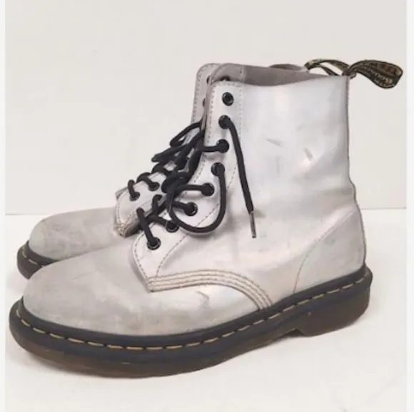 Dr Martens Silver Holographic Pascal Lace Up Combat Boots Shoes - 8 US 39 EU