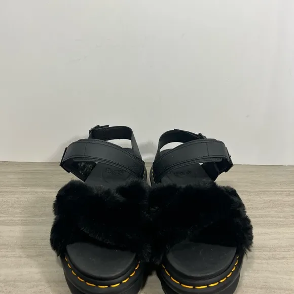Dr Martens VOSS II Fluffy BlkHydro Leather &amp; Milo Fur SandalsUS 10  UK 8 NEW