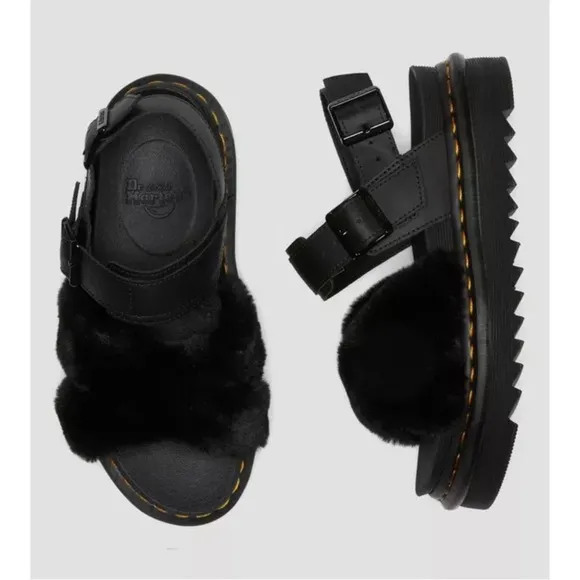 Dr Martens VOSS II Fluffy BlkHydro Leather &amp; Milo Fur SandalsUS 10  UK 8 NEW