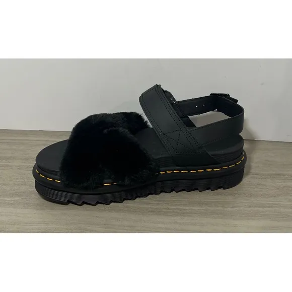 Dr Martens VOSS II Fluffy BlkHydro Leather &amp; Milo Fur SandalsUS 10  UK 8 NEW