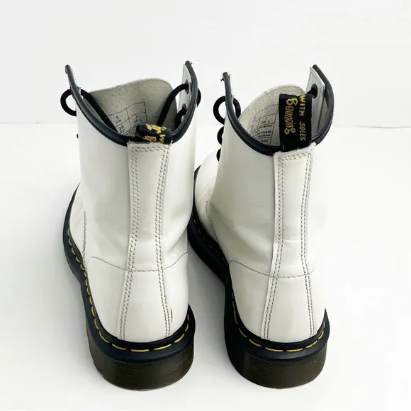 DR. MARTENS White Leather Lace Up Combat Boots, Size 7