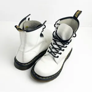 DR. MARTENS White Leather Lace Up Combat Boots, Size 7