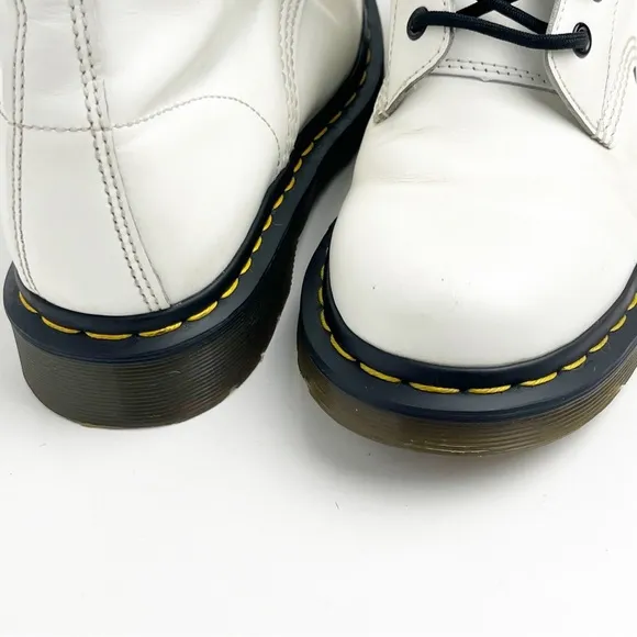 DR. MARTENS White Leather Lace Up Combat Boots, Size 7