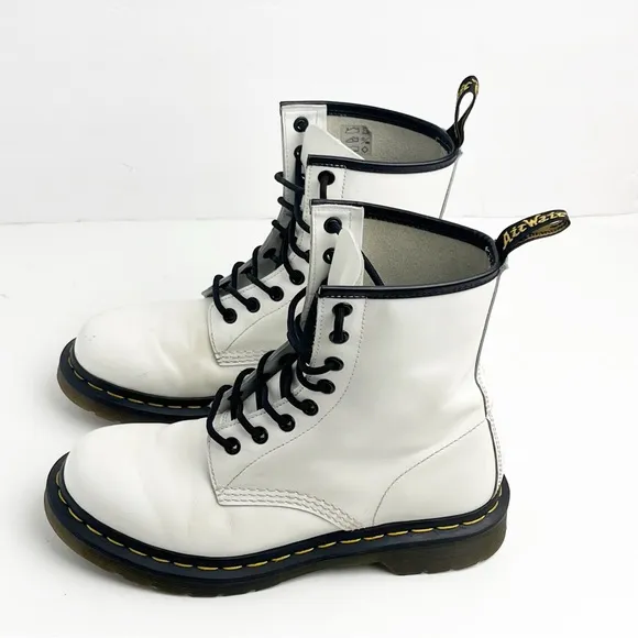 DR. MARTENS White Leather Lace Up Combat Boots, Size 7