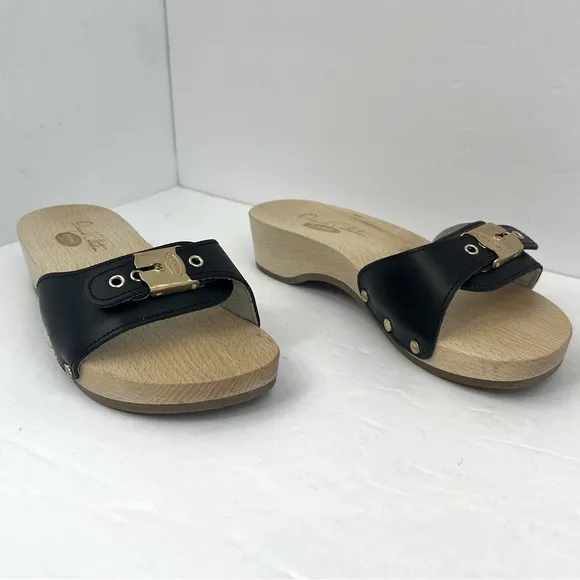 Dr Scholl’s ORIGINAL COLLECTION, BLACK, ADJUSTABLE TOP STRAP, WOODEN SOLE,SIZE 5